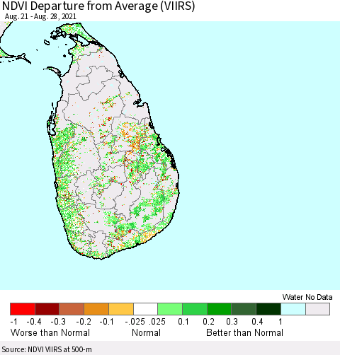 Sri Lanka NDVI Departure from Average (VIIRS) Thematic Map For 8/21/2021 - 8/28/2021
