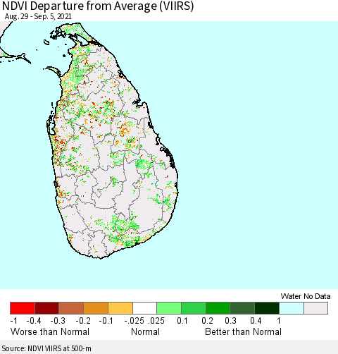 Sri Lanka NDVI Departure from Average (VIIRS) Thematic Map For 8/29/2021 - 9/5/2021