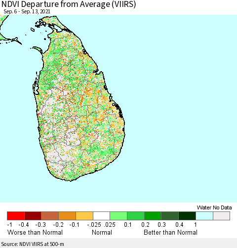 Sri Lanka NDVI Departure from Average (VIIRS) Thematic Map For 9/6/2021 - 9/13/2021