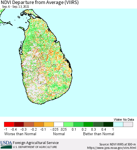 Sri Lanka NDVI Departure from Average (VIIRS) Thematic Map For 9/11/2021 - 9/20/2021