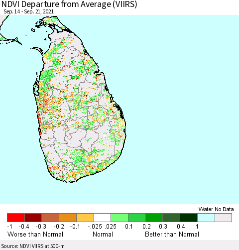 Sri Lanka NDVI Departure from Average (VIIRS) Thematic Map For 9/14/2021 - 9/21/2021