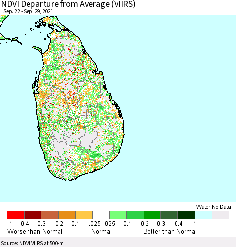 Sri Lanka NDVI Departure from Average (VIIRS) Thematic Map For 9/22/2021 - 9/29/2021