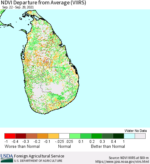 Sri Lanka NDVI Departure from Average (VIIRS) Thematic Map For 9/21/2021 - 9/30/2021