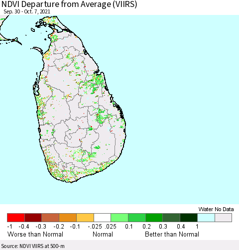 Sri Lanka NDVI Departure from Average (VIIRS) Thematic Map For 9/30/2021 - 10/7/2021