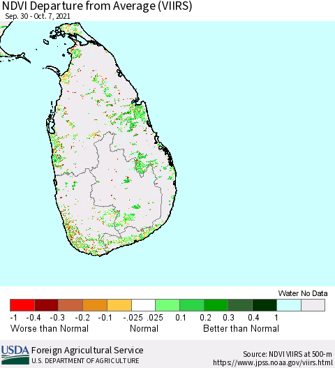 Sri Lanka NDVI Departure from Average (VIIRS) Thematic Map For 10/1/2021 - 10/10/2021
