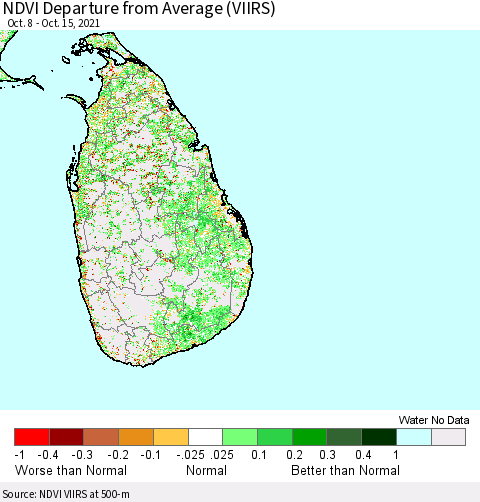 Sri Lanka NDVI Departure from Average (VIIRS) Thematic Map For 10/8/2021 - 10/15/2021