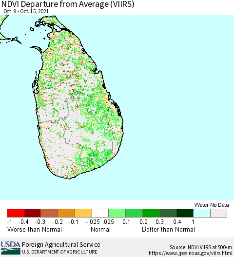 Sri Lanka NDVI Departure from Average (VIIRS) Thematic Map For 10/11/2021 - 10/20/2021