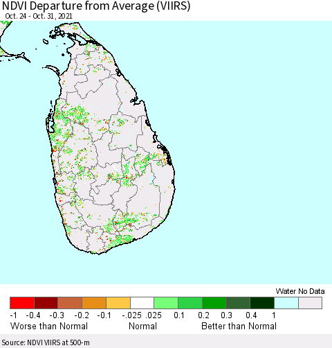Sri Lanka NDVI Departure from Average (VIIRS) Thematic Map For 10/24/2021 - 10/31/2021