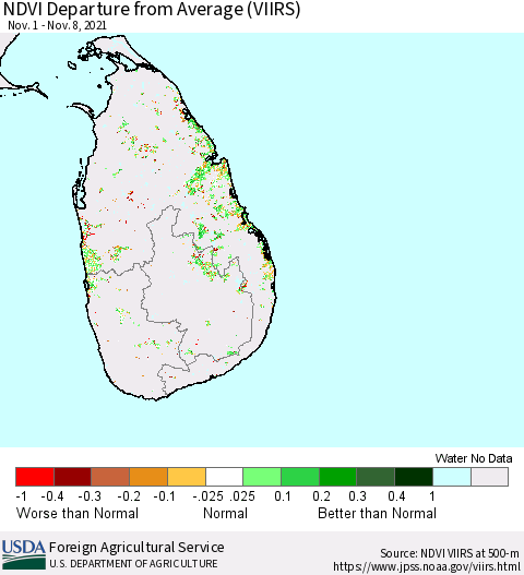 Sri Lanka NDVI Departure from Average (VIIRS) Thematic Map For 11/1/2021 - 11/10/2021