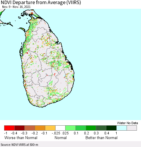 Sri Lanka NDVI Departure from Average (VIIRS) Thematic Map For 11/9/2021 - 11/16/2021