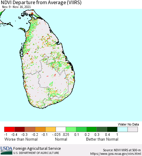 Sri Lanka NDVI Departure from Average (VIIRS) Thematic Map For 11/11/2021 - 11/20/2021