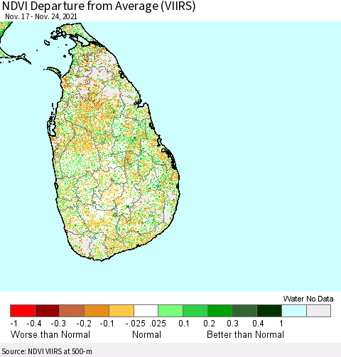 Sri Lanka NDVI Departure from Average (VIIRS) Thematic Map For 11/17/2021 - 11/24/2021