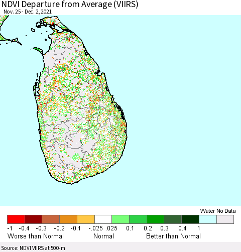 Sri Lanka NDVI Departure from Average (VIIRS) Thematic Map For 11/25/2021 - 12/2/2021