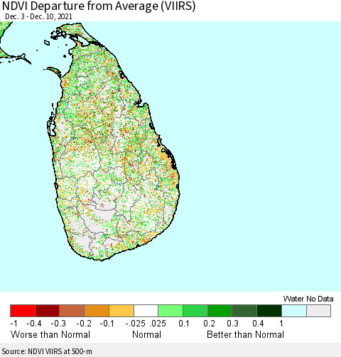 Sri Lanka NDVI Departure from Average (VIIRS) Thematic Map For 12/1/2021 - 12/10/2021