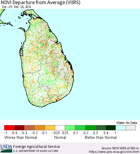 Sri Lanka NDVI Departure from Average (VIIRS) Thematic Map For 12/21/2021 - 12/31/2021