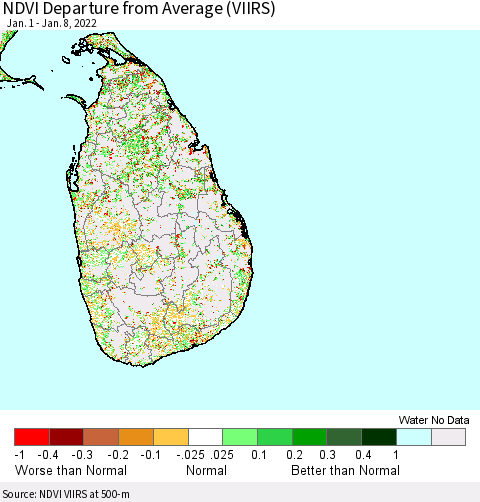 Sri Lanka NDVI Departure from Average (VIIRS) Thematic Map For 1/1/2022 - 1/8/2022