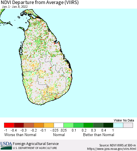 Sri Lanka NDVI Departure from Average (VIIRS) Thematic Map For 1/1/2022 - 1/10/2022