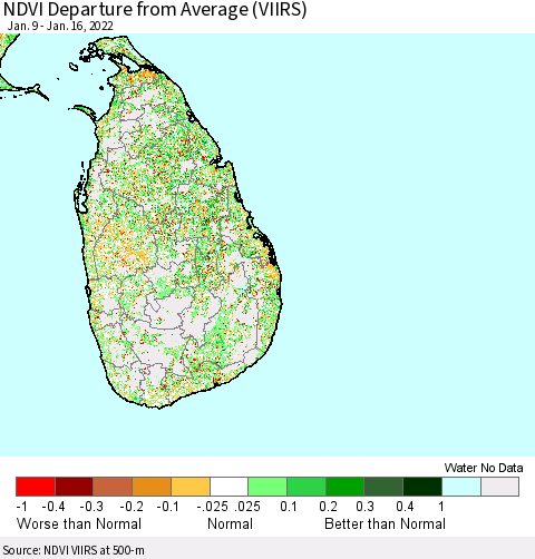 Sri Lanka NDVI Departure from Average (VIIRS) Thematic Map For 1/9/2022 - 1/16/2022