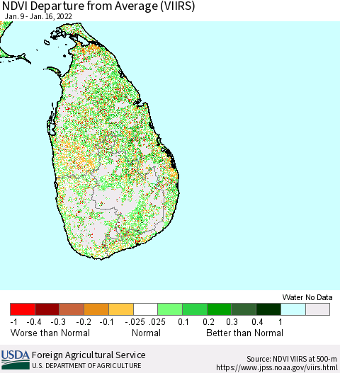 Sri Lanka NDVI Departure from Average (VIIRS) Thematic Map For 1/11/2022 - 1/20/2022