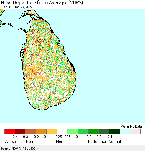 Sri Lanka NDVI Departure from Average (VIIRS) Thematic Map For 1/17/2022 - 1/24/2022