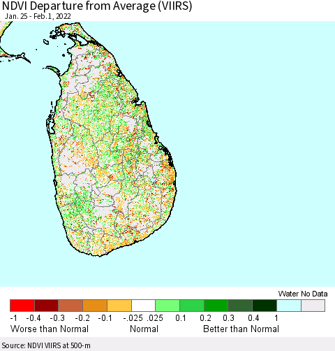 Sri Lanka NDVI Departure from Average (VIIRS) Thematic Map For 1/25/2022 - 2/1/2022