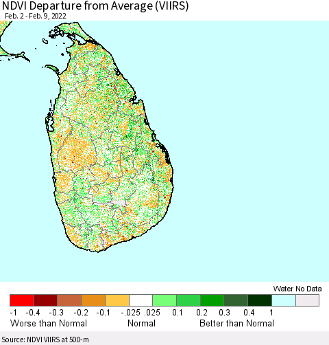 Sri Lanka NDVI Departure from Average (VIIRS) Thematic Map For 2/2/2022 - 2/9/2022