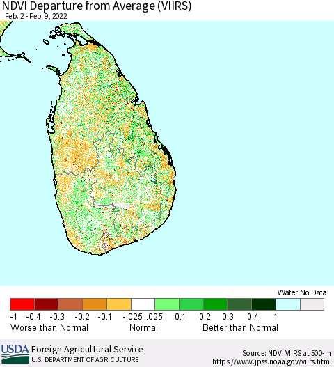 Sri Lanka NDVI Departure from Average (VIIRS) Thematic Map For 2/1/2022 - 2/10/2022