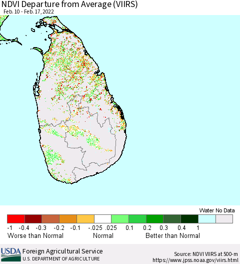 Sri Lanka NDVI Departure from Average (VIIRS) Thematic Map For 2/11/2022 - 2/20/2022