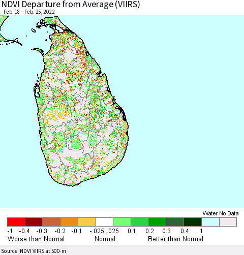 Sri Lanka NDVI Departure from Average (VIIRS) Thematic Map For 2/18/2022 - 2/25/2022