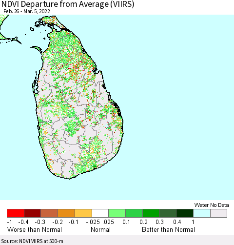 Sri Lanka NDVI Departure from Average (VIIRS) Thematic Map For 2/26/2022 - 3/5/2022
