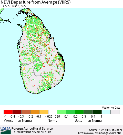 Sri Lanka NDVI Departure from Average (VIIRS) Thematic Map For 3/1/2022 - 3/10/2022