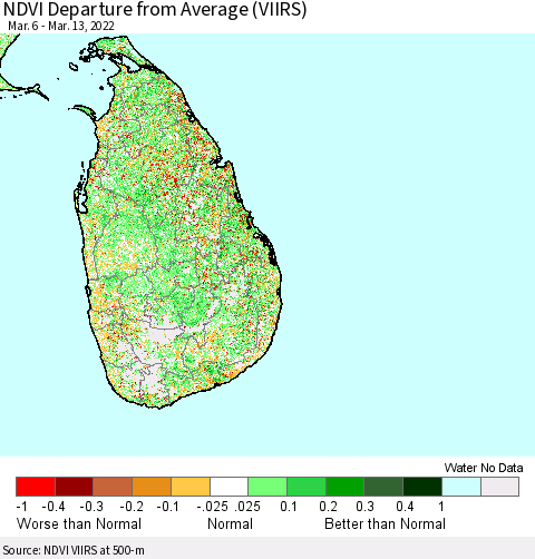 Sri Lanka NDVI Departure from Average (VIIRS) Thematic Map For 3/6/2022 - 3/13/2022