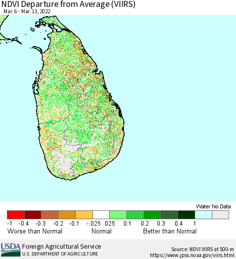 Sri Lanka NDVI Departure from Average (VIIRS) Thematic Map For 3/11/2022 - 3/20/2022