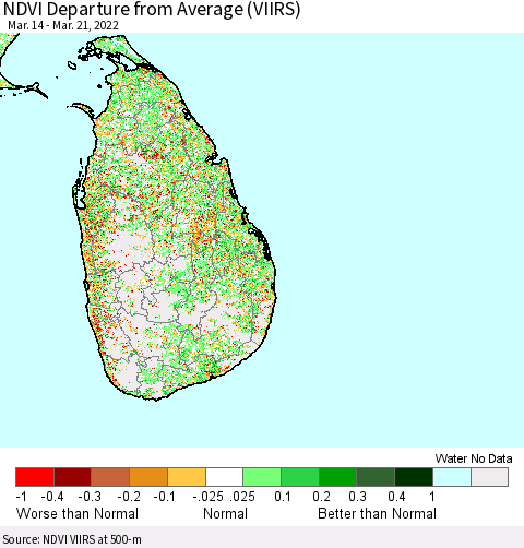Sri Lanka NDVI Departure from Average (VIIRS) Thematic Map For 3/14/2022 - 3/21/2022