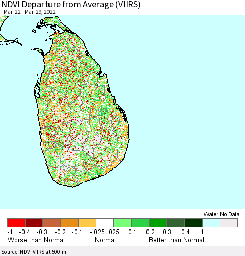 Sri Lanka NDVI Departure from Average (VIIRS) Thematic Map For 3/22/2022 - 3/29/2022
