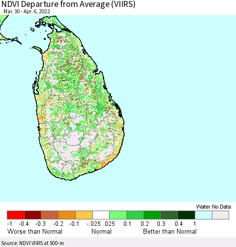 Sri Lanka NDVI Departure from Average (VIIRS) Thematic Map For 3/30/2022 - 4/6/2022