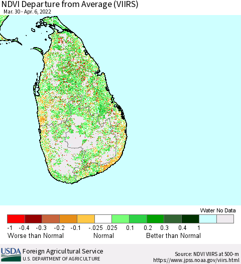 Sri Lanka NDVI Departure from Average (VIIRS) Thematic Map For 4/1/2022 - 4/10/2022