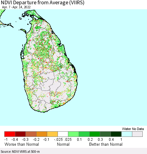 Sri Lanka NDVI Departure from Average (VIIRS) Thematic Map For 4/7/2022 - 4/14/2022