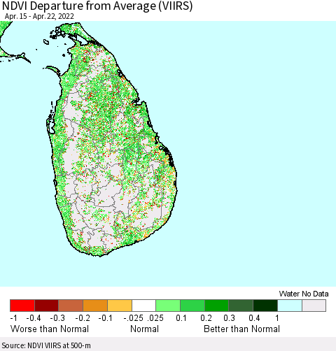 Sri Lanka NDVI Departure from Average (VIIRS) Thematic Map For 4/15/2022 - 4/22/2022