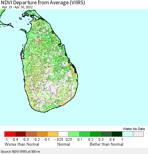 Sri Lanka NDVI Departure from Average (VIIRS) Thematic Map For 4/23/2022 - 4/30/2022