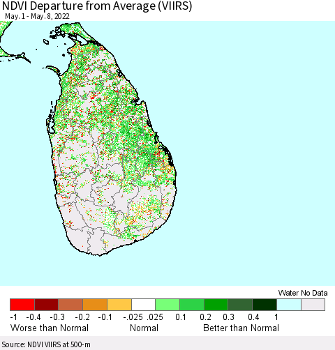 Sri Lanka NDVI Departure from Average (VIIRS) Thematic Map For 5/1/2022 - 5/8/2022