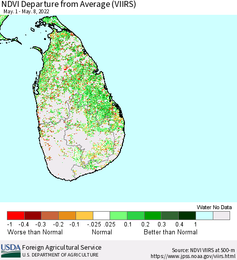 Sri Lanka NDVI Departure from Average (VIIRS) Thematic Map For 5/1/2022 - 5/10/2022