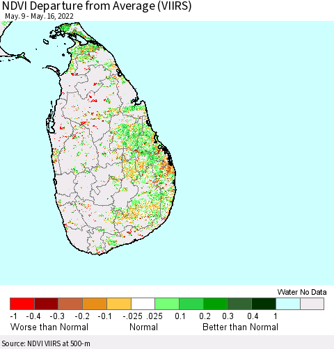 Sri Lanka NDVI Departure from Average (VIIRS) Thematic Map For 5/9/2022 - 5/16/2022