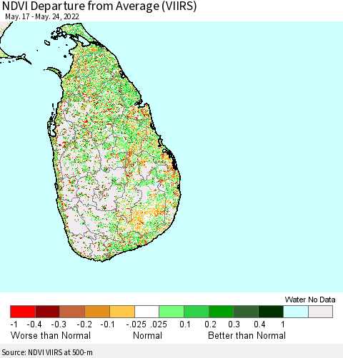 Sri Lanka NDVI Departure from Average (VIIRS) Thematic Map For 5/17/2022 - 5/24/2022