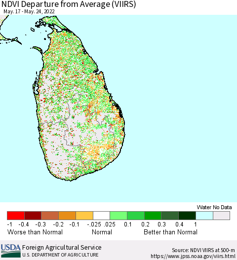 Sri Lanka NDVI Departure from Average (VIIRS) Thematic Map For 5/21/2022 - 5/31/2022