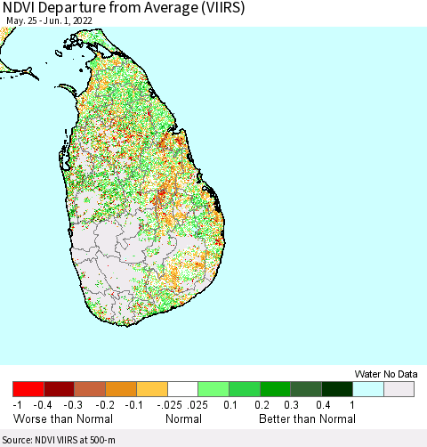 Sri Lanka NDVI Departure from Average (VIIRS) Thematic Map For 5/25/2022 - 6/1/2022