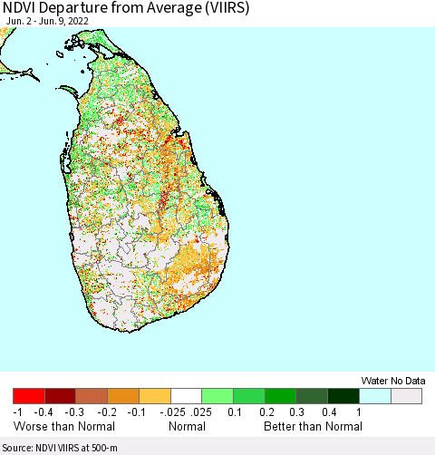Sri Lanka NDVI Departure from Average (VIIRS) Thematic Map For 6/2/2022 - 6/9/2022