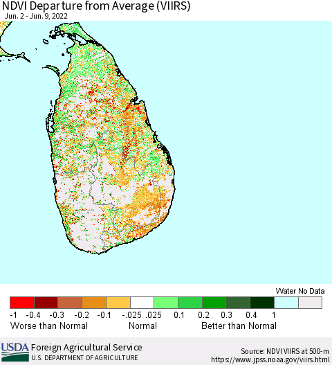 Sri Lanka NDVI Departure from Average (VIIRS) Thematic Map For 6/1/2022 - 6/10/2022