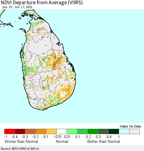 Sri Lanka NDVI Departure from Average (VIIRS) Thematic Map For 6/10/2022 - 6/17/2022