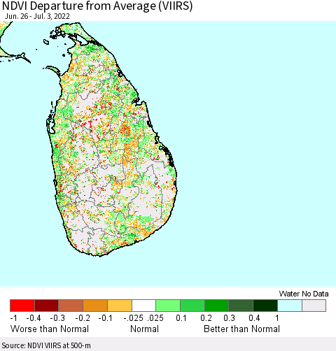 Sri Lanka NDVI Departure from Average (VIIRS) Thematic Map For 6/26/2022 - 7/3/2022
